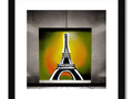 An art print that depicts an image of Paris's famous view through a window.