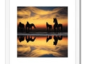 A group of horses standing near a beautiful sunset while another is in the water.