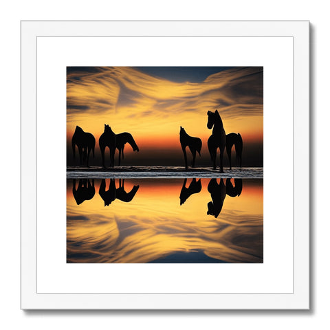 A group of horses standing near a beautiful sunset while another is in the water.
