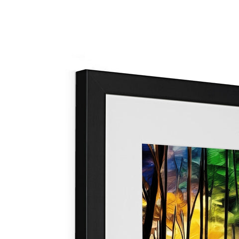 A picture frame on a white countertop holding artwork on a black background.