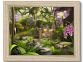 A framed image of purple orchids in a tropical jungle green forest.