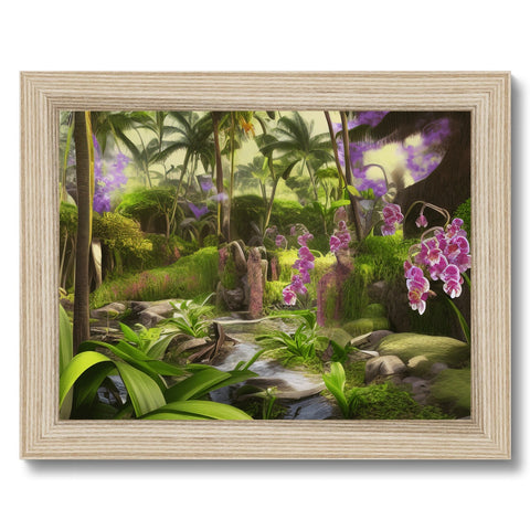 A framed image of purple orchids in a tropical jungle green forest.