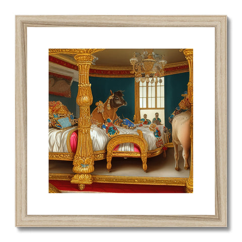 A black framed photo of a carrousel sitting on top of a sofa bed.