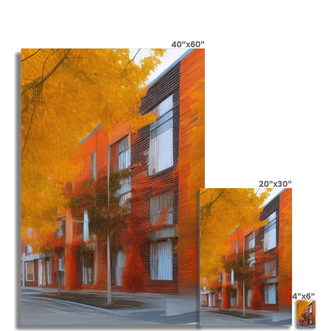 A 3D image of a brick building lined with wood panels with a lot of orange