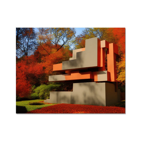 a white and red sculpture surrounded by trees in the fall weather