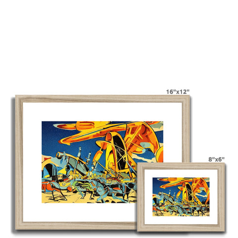 A wooden framed print of dragonflies and a picture of a plane perched on a table