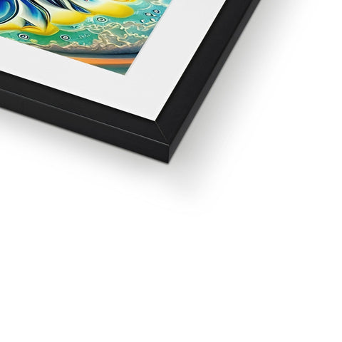 A colorful art print sitting on top of a framed picture.