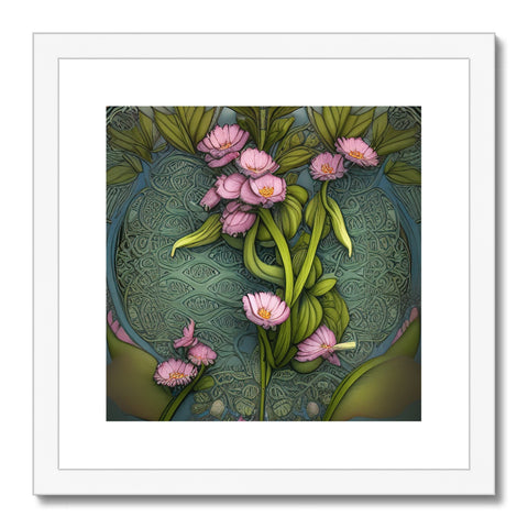 An art print filled with lily stems and flowers in a frame on a brown background