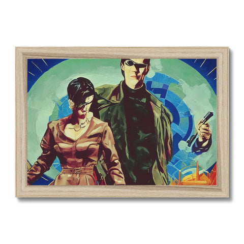 a piece of framed art on a board with a gun and a skyfall sky