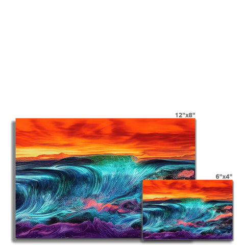 A wall top with surfboards and artwork and cards with a rainbow background on it.