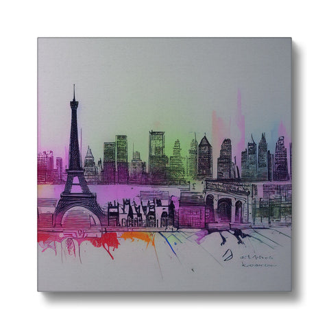 A graffiti print from a French building spray painted with a city skyline as it sparkles