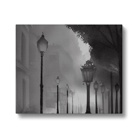 A city lit by lamppost with a light in a street near some fog.