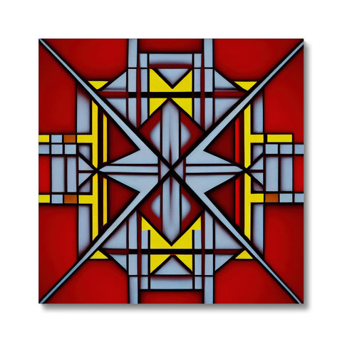A cross with a geometric design with two flowers and colors on it on a tile.