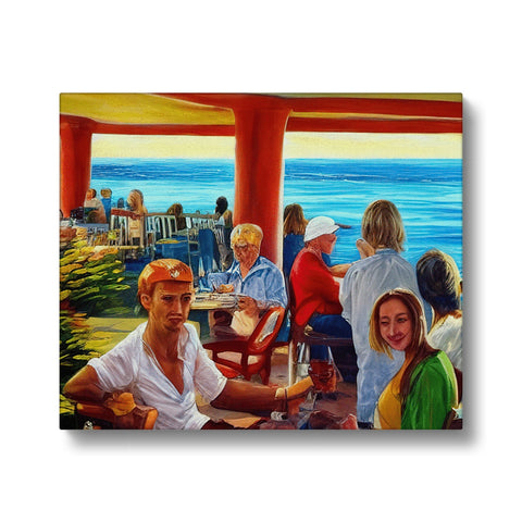A crowd at a restaurant eating at a place with an art print on a table.
