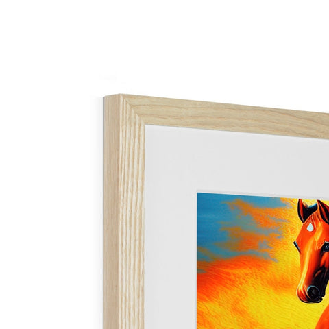A wooden picture frame that has a closeup of a horse in grass.