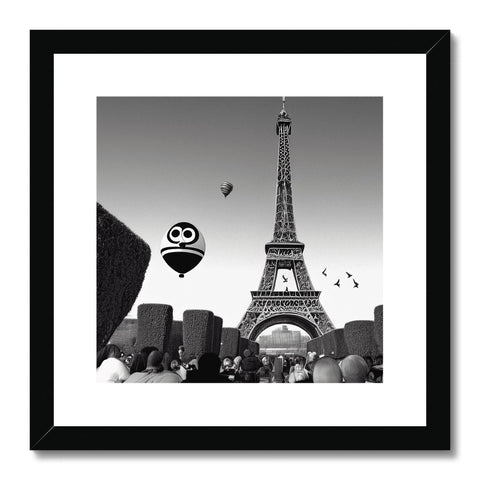 An art print of the Eiffel tower and an air balloon near a wall.