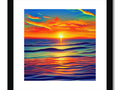 A colorful print with colorful sunset against the ocean and a bright yellow skyline.