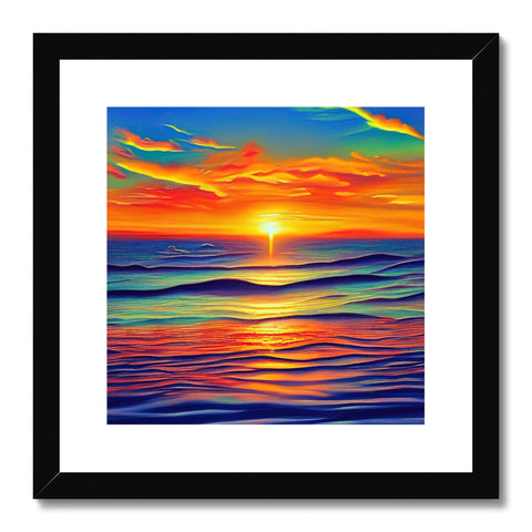 A colorful print with colorful sunset against the ocean and a bright yellow skyline.