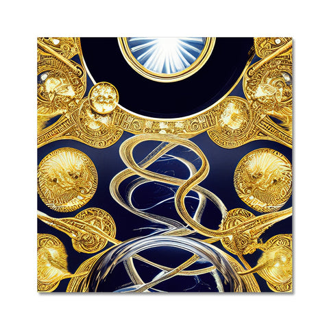 A blue and white clock on a metal plate with gold artwork.