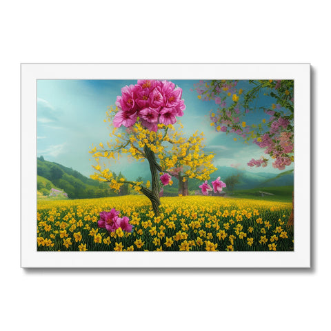 a picture of an art print of the trees blooming with pink and yellow flowers.