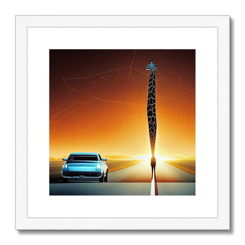 Art print of a car driving through a park by a tall and black spire.