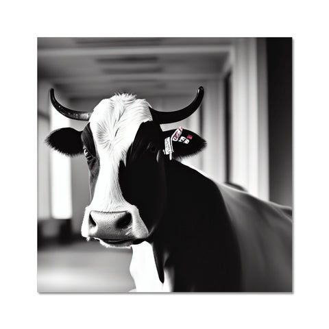 A black and white portrait of a cow on a farm.
