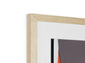 A picture frame sitting on a wood framed piece of wood sitting next to a glass wall