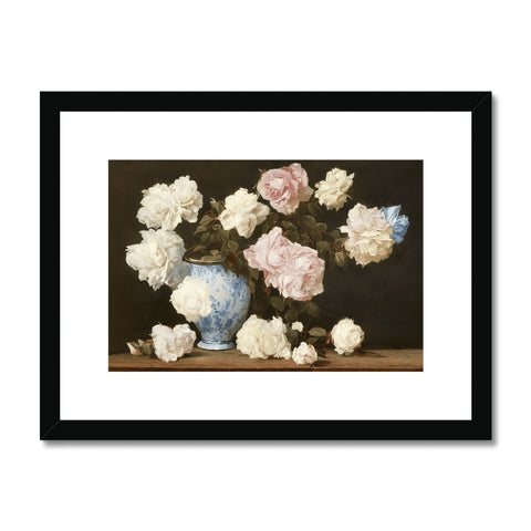 A framed artwork print with roses and blue and white flowers on a vase.