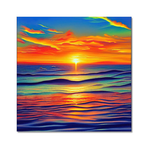 A colorful art print depicting a bright sunset surrounded by a lake.
