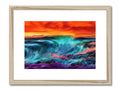 A wooden image of a colorful ocean with several waves crashing against the shore.