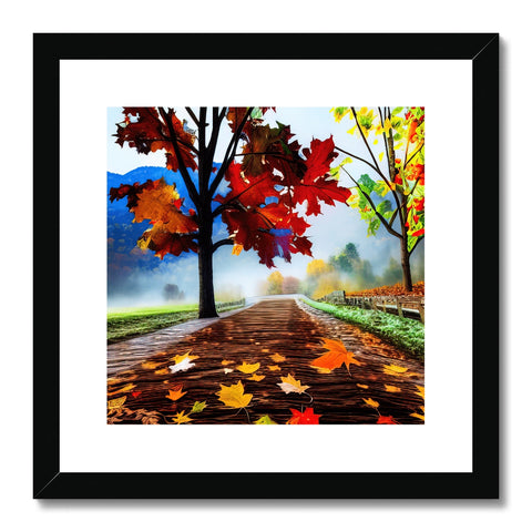 An art print with colorful autumn foliage and trees on it on a sidewalk.