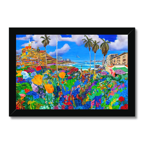 Art print of many colored colorful floral decorations in the ocean with the ocean behind it.