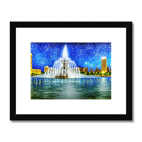 A blue and gold framed picture of a city skyline topped with waterfalls.