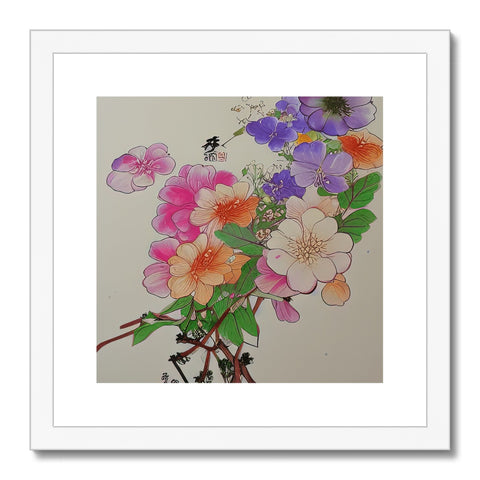 a small framed art print with some flowers on teddies hanging on it in a