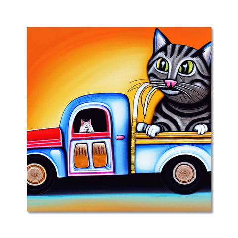 A colorful cat is sitting in the foreground of a car of a freeway.