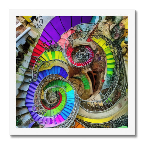 A stairwell filled with colorful artwork and a spiral stairwell with a spiral ring around