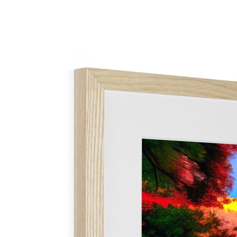 A picture print is mounted in a wooden frame with a single red photo.