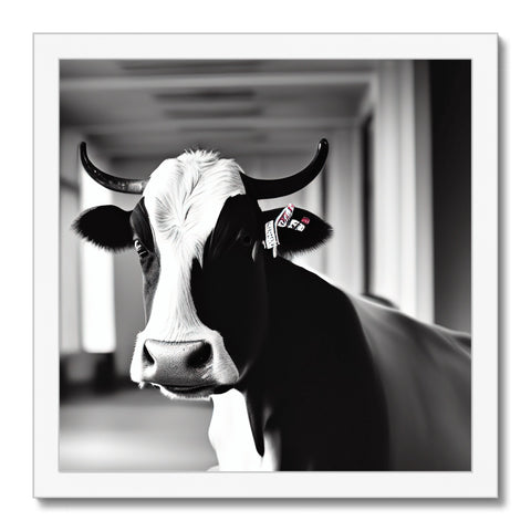 A black and white portrait of a cow with many horns and a large head.