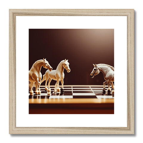 Art photo of an animal racing down field with white horses and a chessboard.