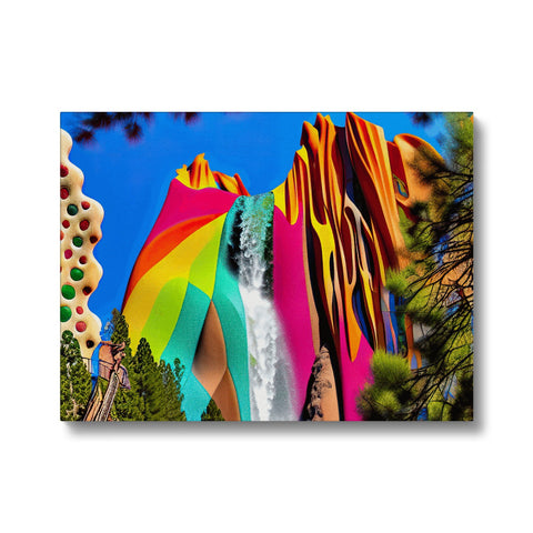 A colorful water falls on a photo on a river is depicted in an art print.