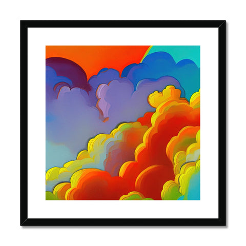 A framed art print hanging under a blue sky with rainbow and clouds above.
