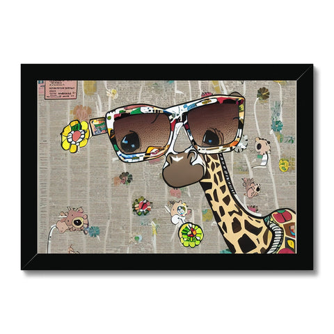 A giraffe is sitting on a tree stump wearing sunglasses of blue and white, looking