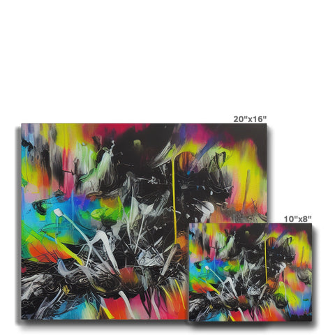 A large group of colorful art prints surrounded by graffiti spray spray on a white wall.