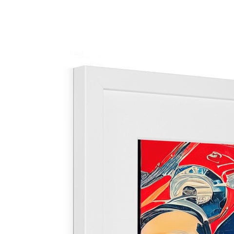A frame of white artwork hanging on a glass and red and blue wall.