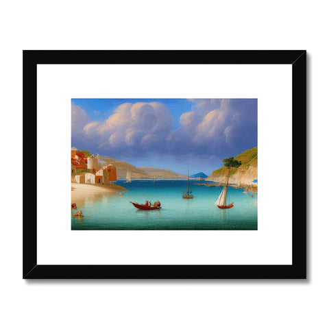 Art print with sailboats on a deck, that are on water on a spring.