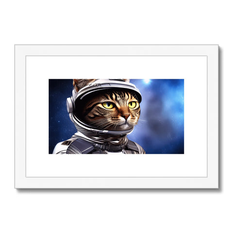 A cat in an artwork portrait sitting beside a space station.