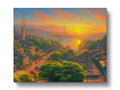 A painting that shows a city skyline as sun sets in near a building.
