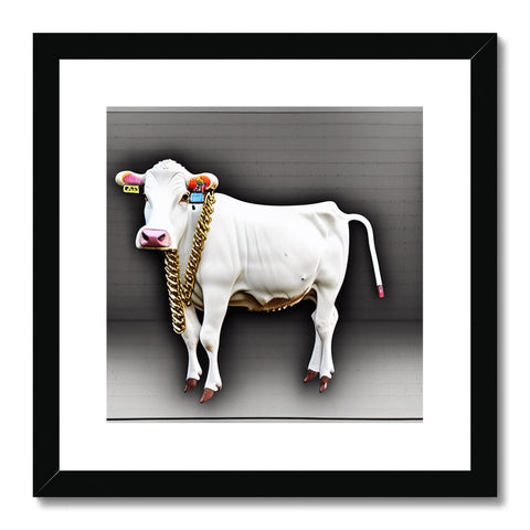 A white cow posing for a photo on a white background.