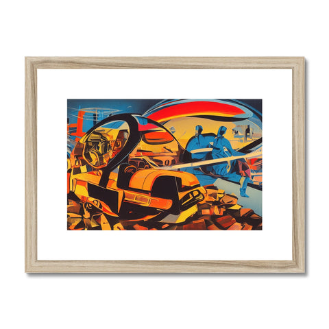 An art print with a blue and yellow airplane on a silver frame.