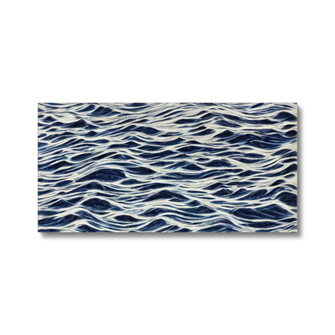 A bath mat with ocean waves swirling and some ocean in the background.